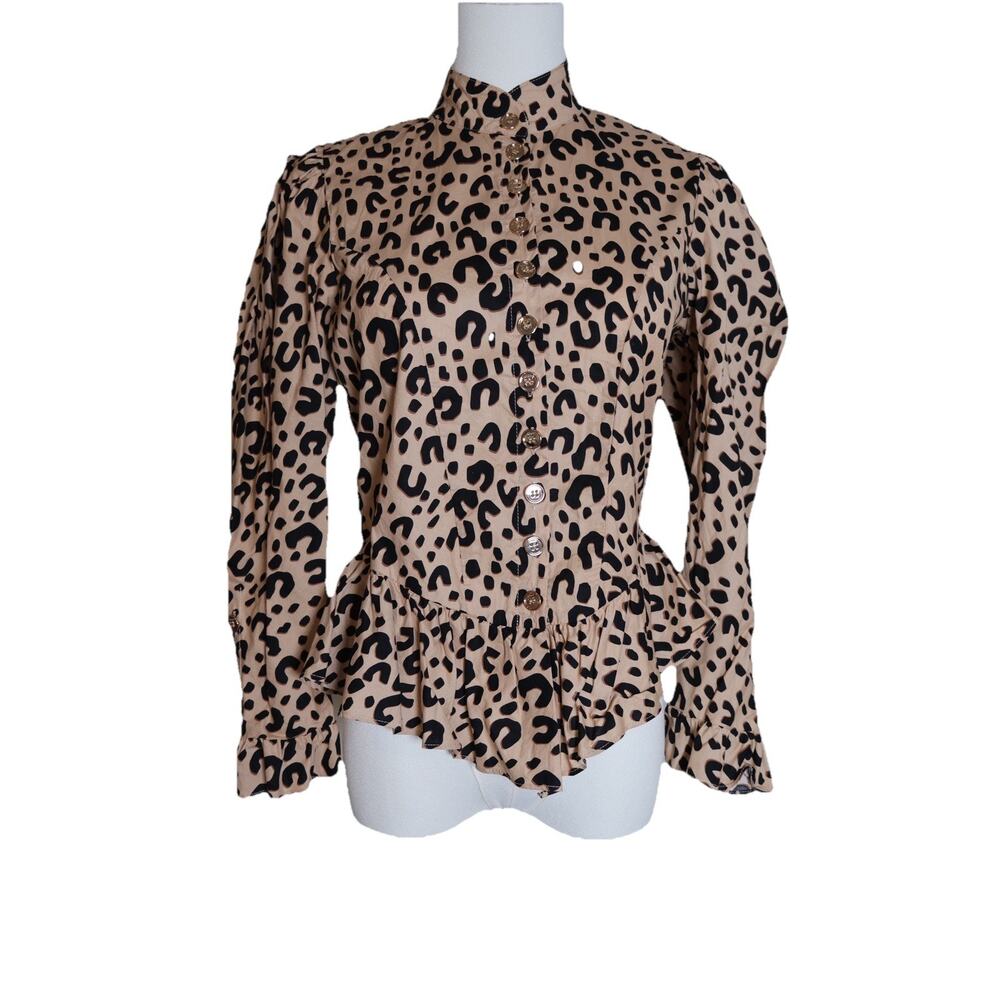 BURU Leopard Print Peplum Blouse Puff Sleeve Button Down Size XS